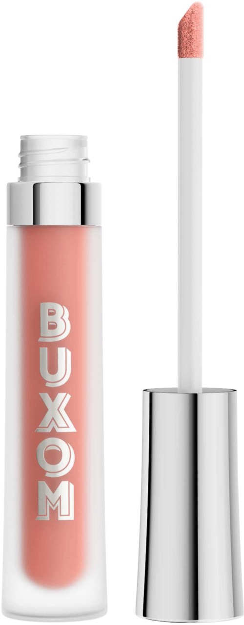 Pink lip gloss with a silver cap and long doe-foot applicator.