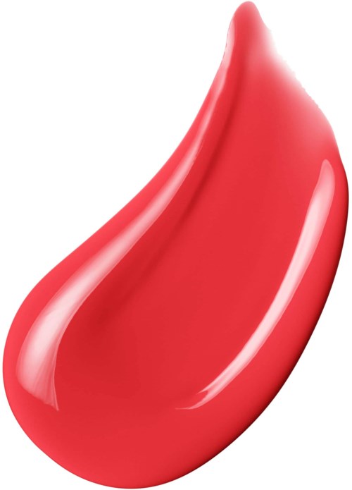 A red, shiny, teardrop-shaped drop with smooth surface and reflections.