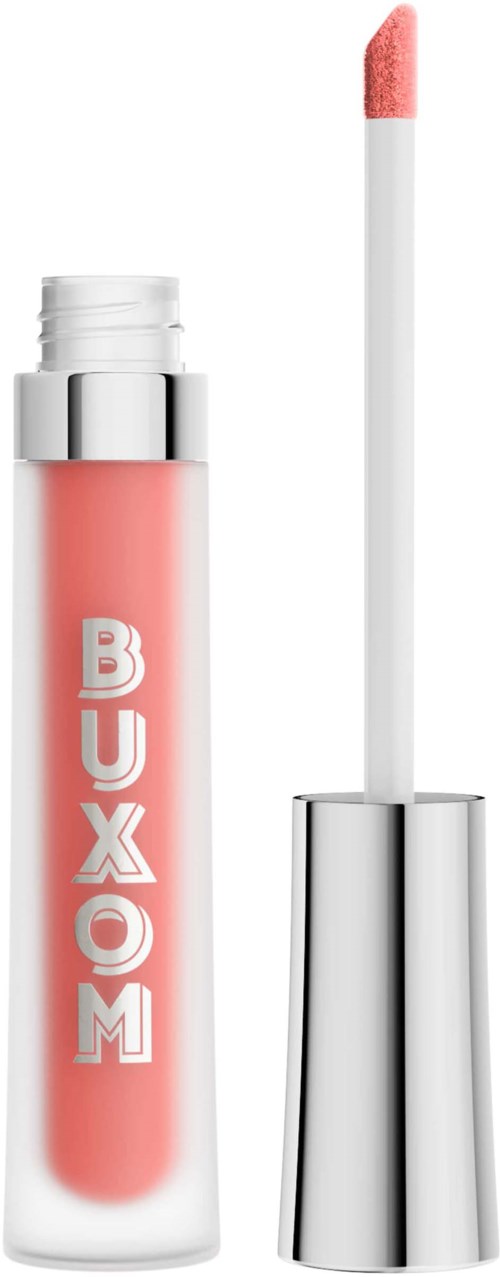 A lip gloss tube with a white cap and pink gloss, with a wand applicator outside.