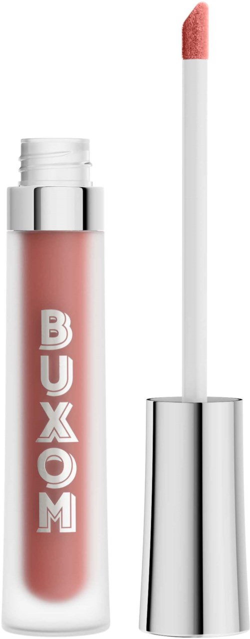 A lip gloss tube with a pink shade and a white applicator brush, labeled 'BUXOM'.