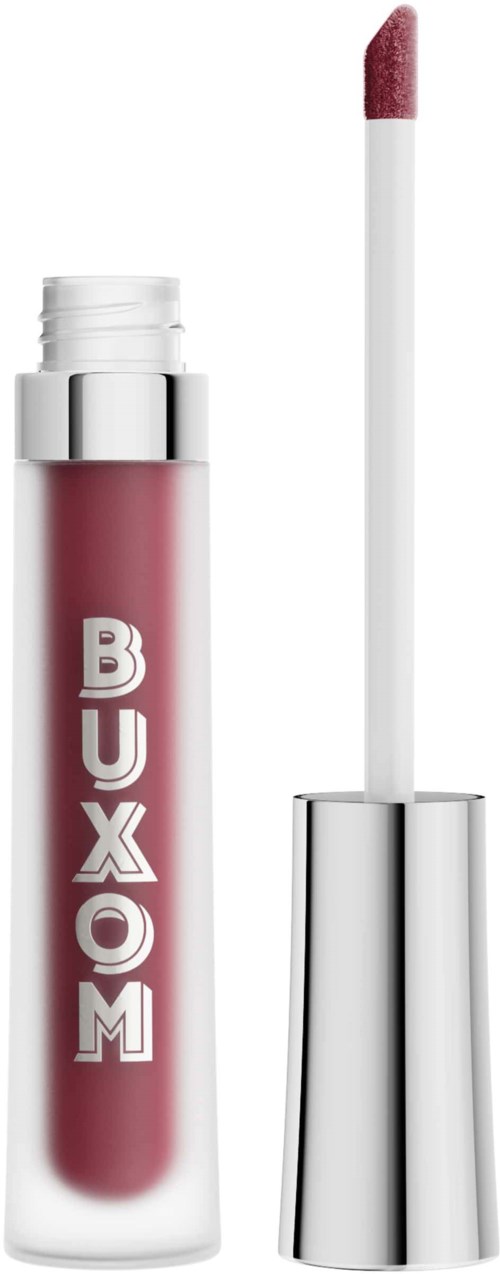 A lip gloss container with a pink liquid and an open applicator. The container has the word "BUXOM" written vertically.