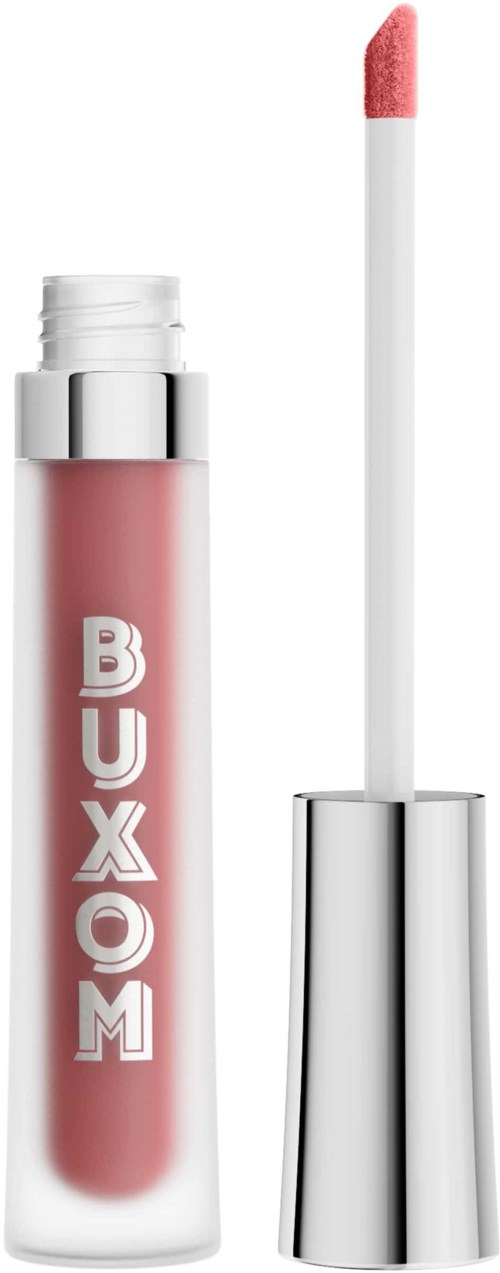 A pink liquid lipstick with a white applicator brush and a silver cap.