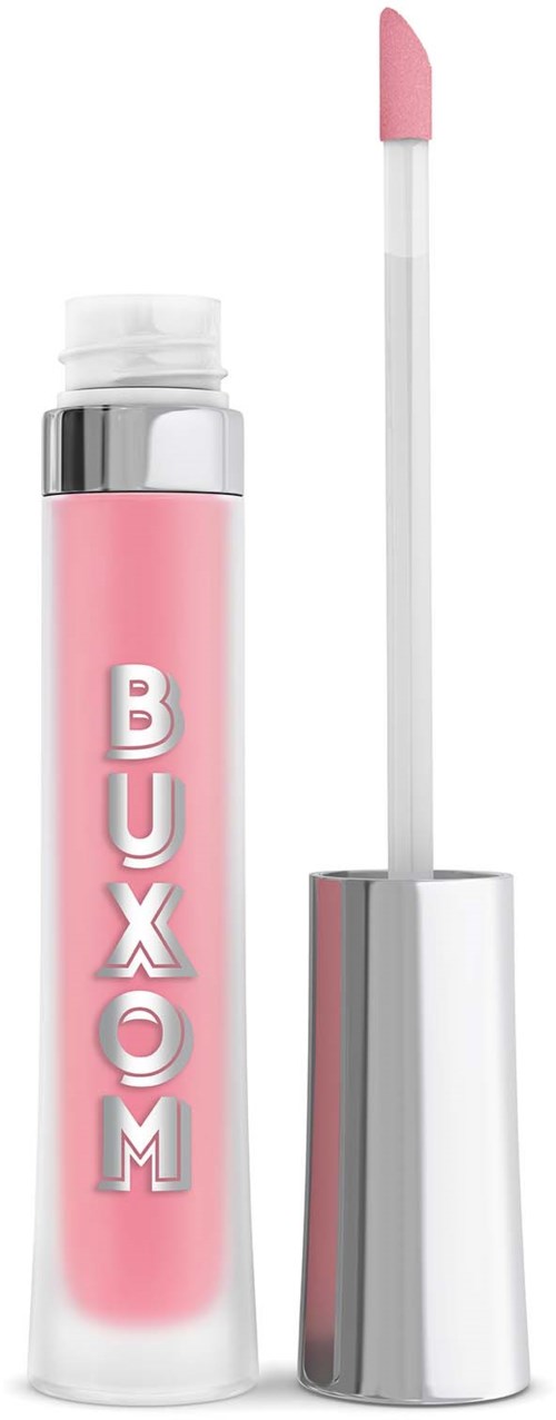 A pink lip gloss with a silver cap, and 'BUXOM' written on the bottle.