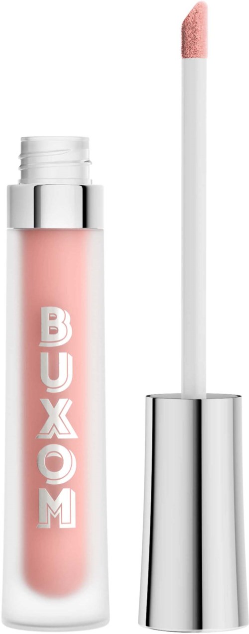 A pink lip gloss tube with a silver cap and an applicator brush sticking out.
