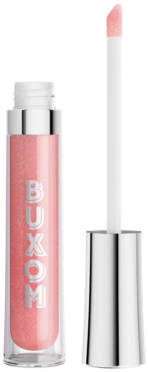 Pink lip gloss with a wand applicator and "BUXOM" written on the tube.