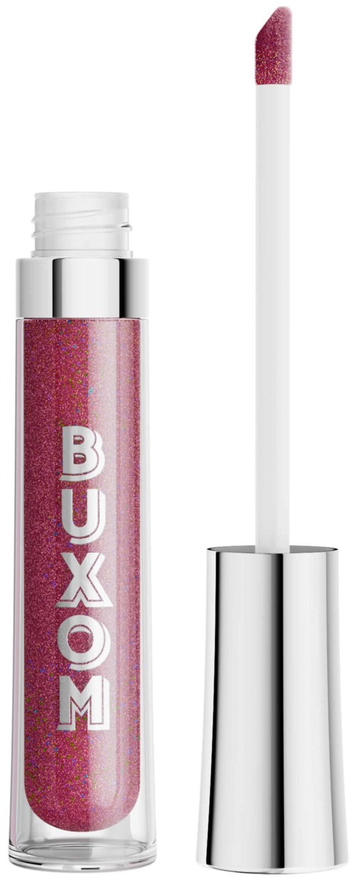 A pink lip gloss with a white applicator stick and silver cap. The bottle has the word 'BUXOM' written on it.