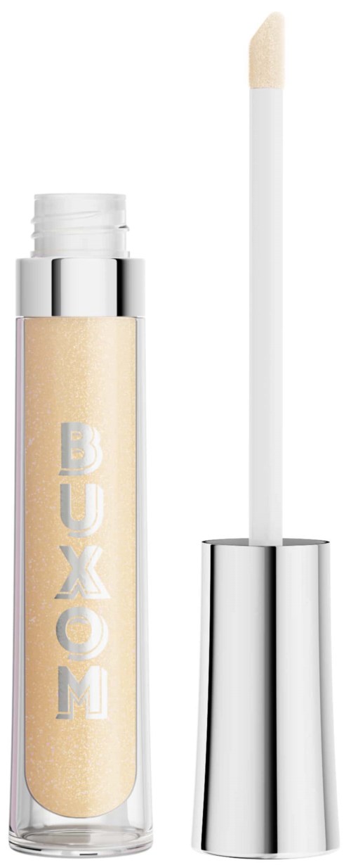 A tube with a glittery beige lip gloss and a white applicator wand next to it.