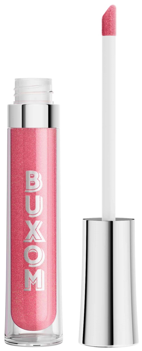 A pink gloss in a clear bottle with a white and silver cap and an applicator wand outside.