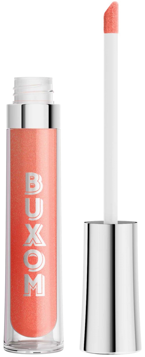 A lip gloss with a pink color, transparent tube, and a white applicator stick.