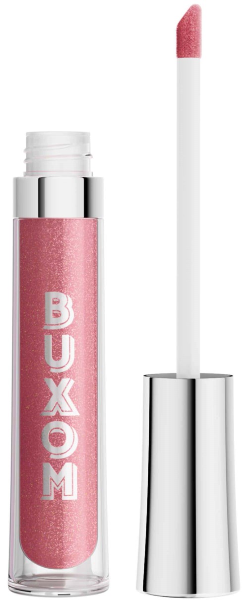 Pink lip gloss with a white and silver cap, the brand name "BUXOM" written on it.