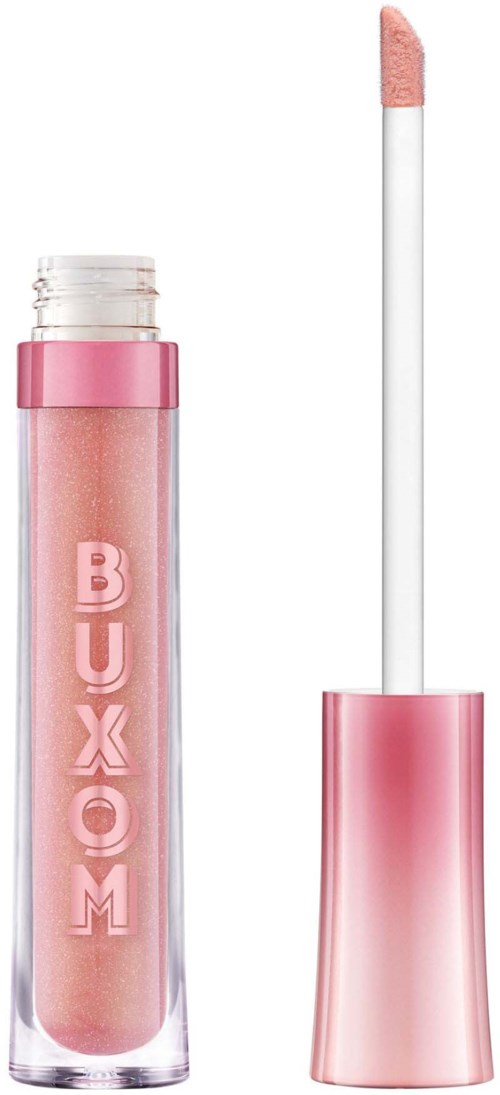 Rosa läppglansrör med en vit applicator. Röret har ordet "BUXOM" på sig.