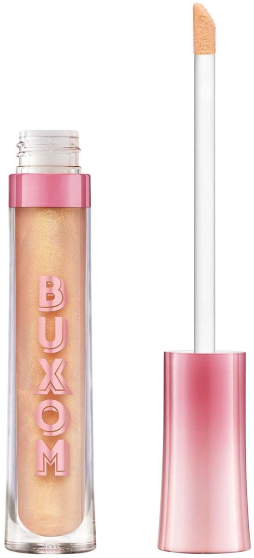 A lip gloss tube with a pink cap and an applicator wand standing upright.
