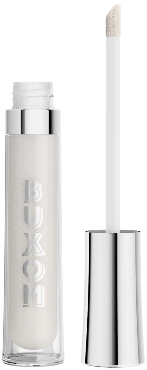 A white lip gloss tube with a silver cap and an applicator wand next to it.