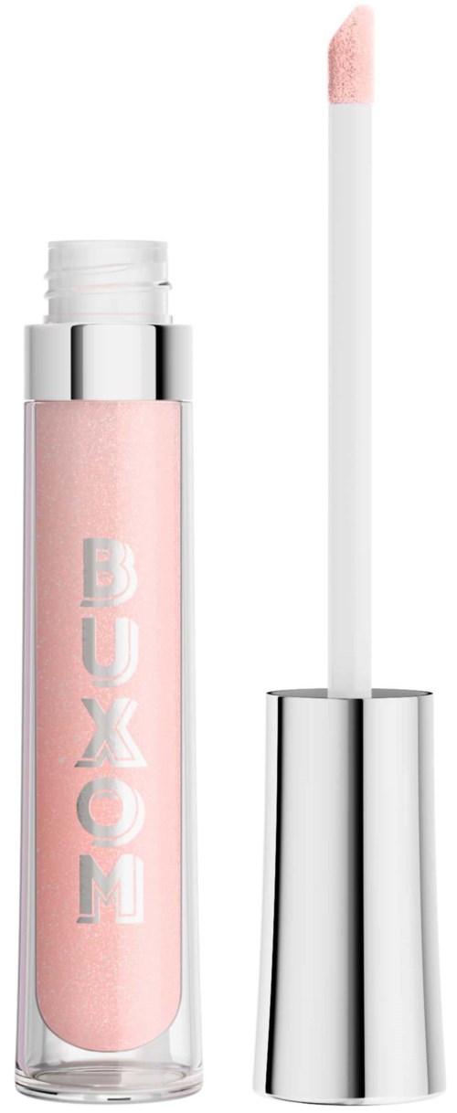 A pink lip gloss container with a white applicator wand and silver cap.