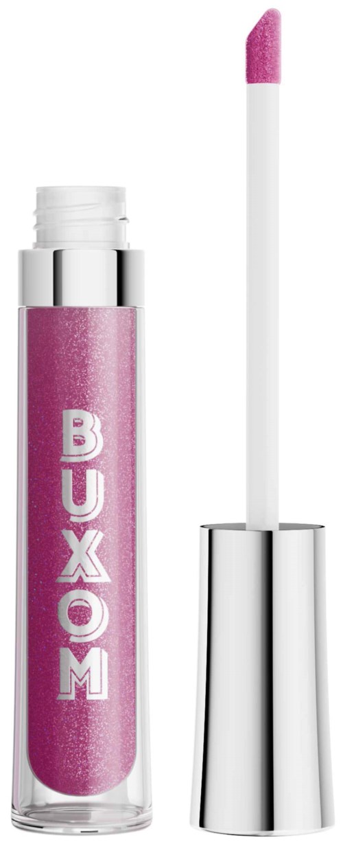 Pink lip gloss with a white sponge applicator and silver cap. The tube has white letters spelling "BUXOM."