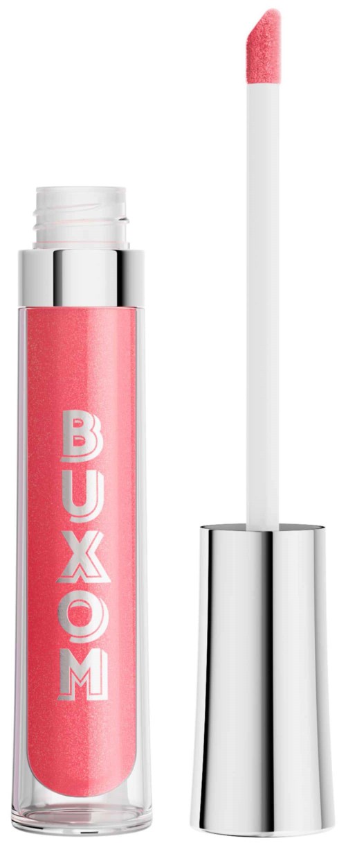 A lip gloss tube with the word 'BUXOM' and a pink gloss applicator outside.