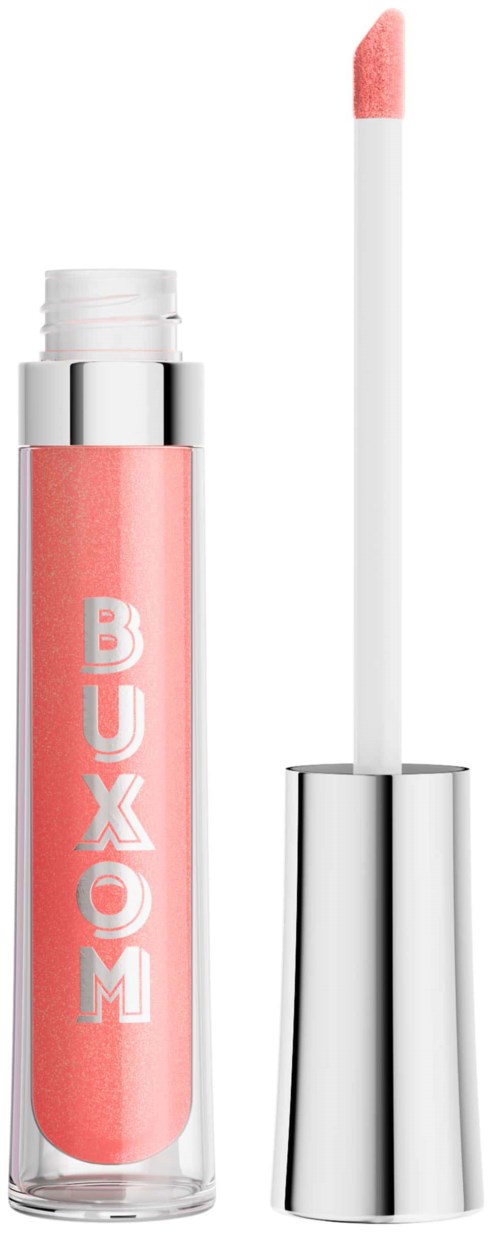 A pink lip gloss tube with a silver cap, and the wand showing a pink-tinted gloss.