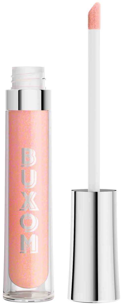 A lip gloss tube with a pink gloss stick and silver cap. The tube has the brand name 'BUXOM' written on it.