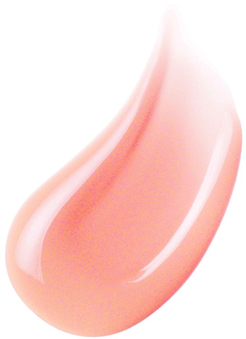 A pinkish, glossy liquid drop with smooth reflections, teardrop shape, on a white background.