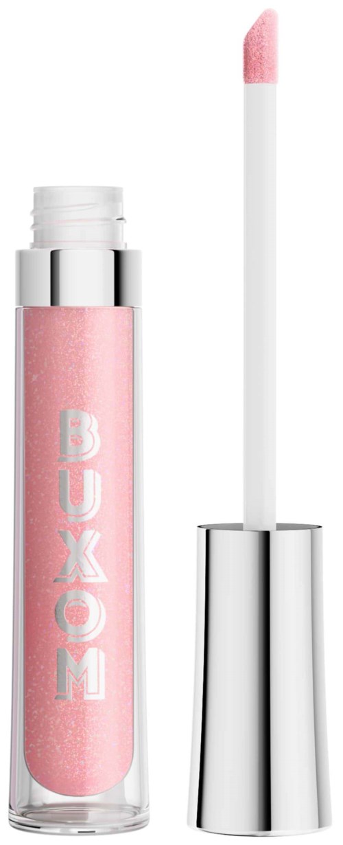 Pink lip gloss with a silver cap, display's the brand name 'BUXOM' on the tube, applicator wand included.