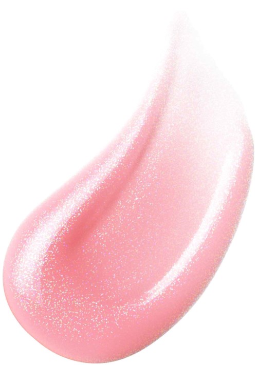 A soft pink makeup swipe with glitter and shine. It looks smooth and creamy, possibly lip gloss or blush.