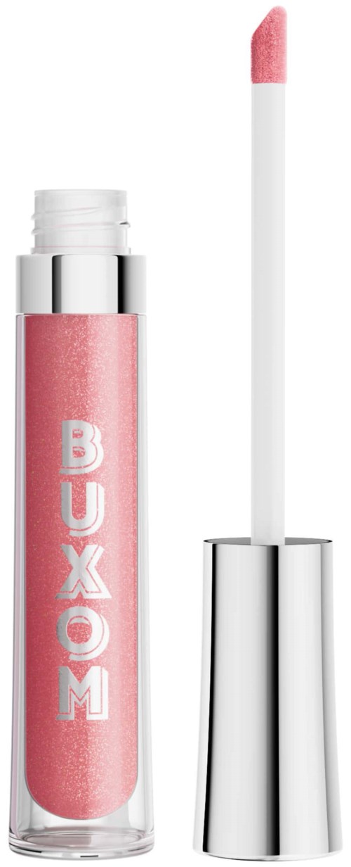 A pink lip gloss tube with a white wand and shiny silver cap, labeled 'BUXOM'.