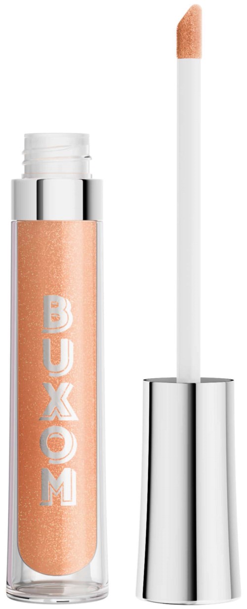 A lip gloss tube with a peach-colored gloss and a silver cap and applicator.
