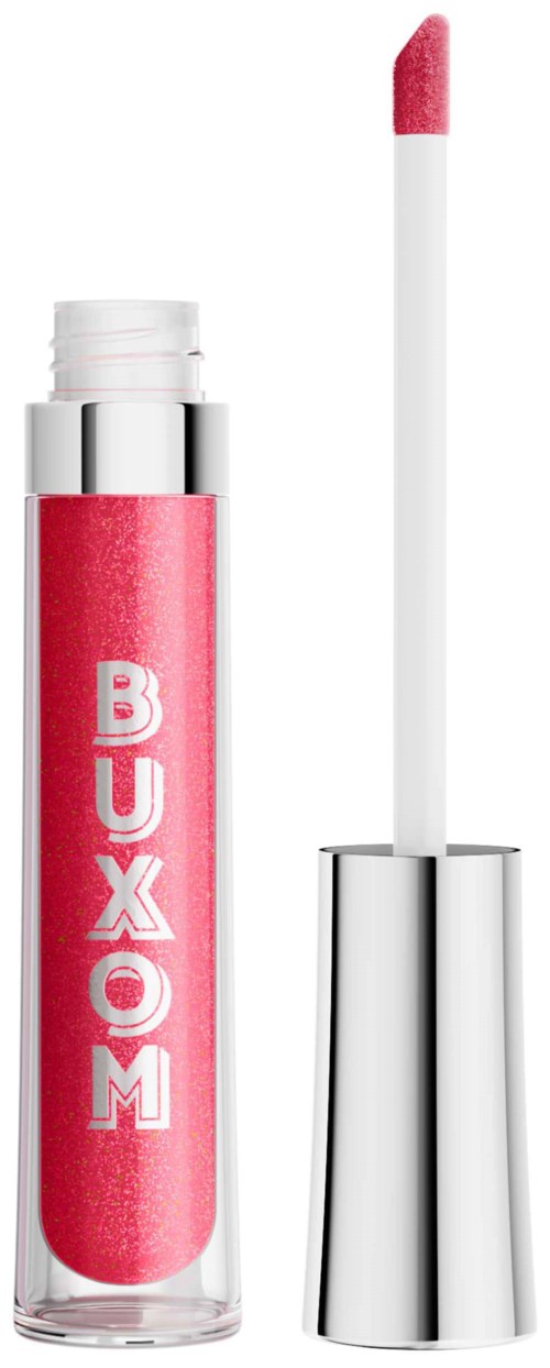 A pink lip gloss with a white doe-foot applicator and silver cap, labeled 'BUXOM'.