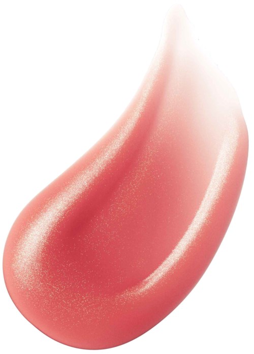 A pink, teardrop-shaped makeup blush with a shimmery surface and a curved, glossy finish.