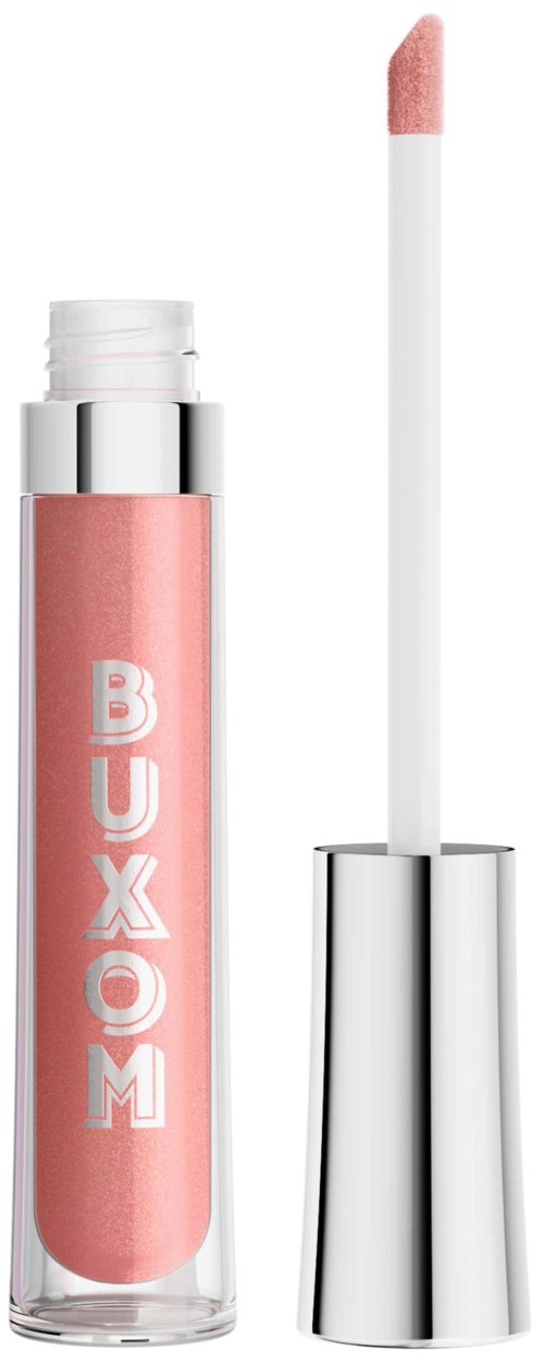 Pink lip gloss with a silver cap and a white applicator wand.