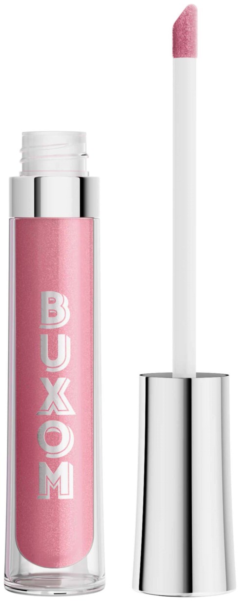 Pink lip gloss with a silver cap and an applicator wand.