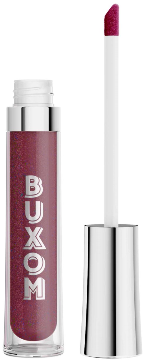 A pink lip gloss tube with a white and silver cap, and the word 'BUXOM' on the side.