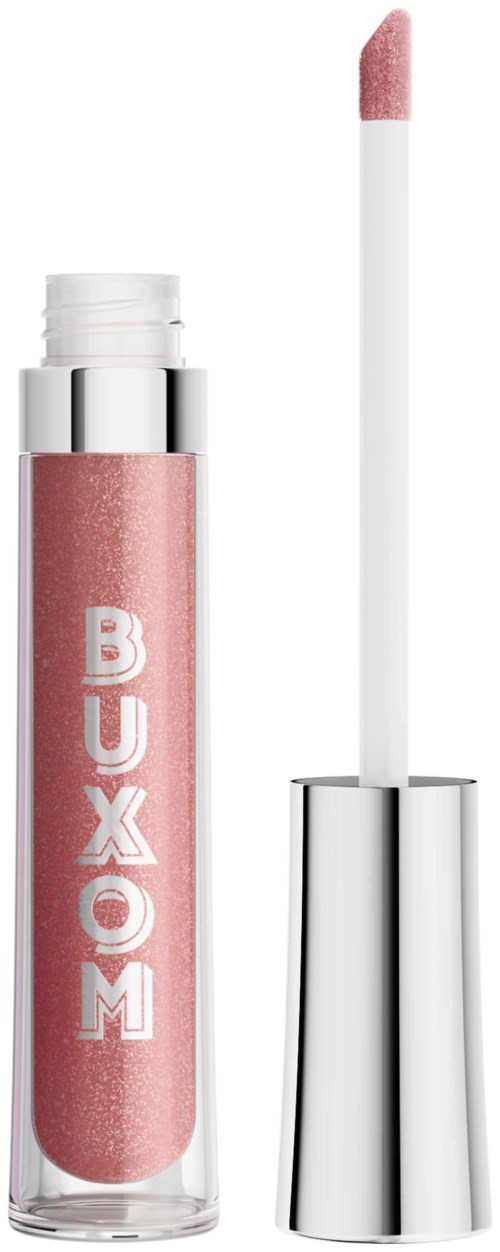 Lip gloss tube with a pink gloss and silver cap, with the brand name BUXOM written vertically.