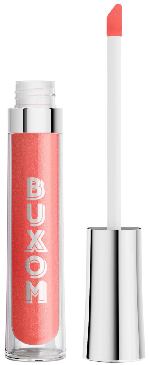 Lip gloss tube with a silver cap, pink gloss inside, and a white applicator wand.