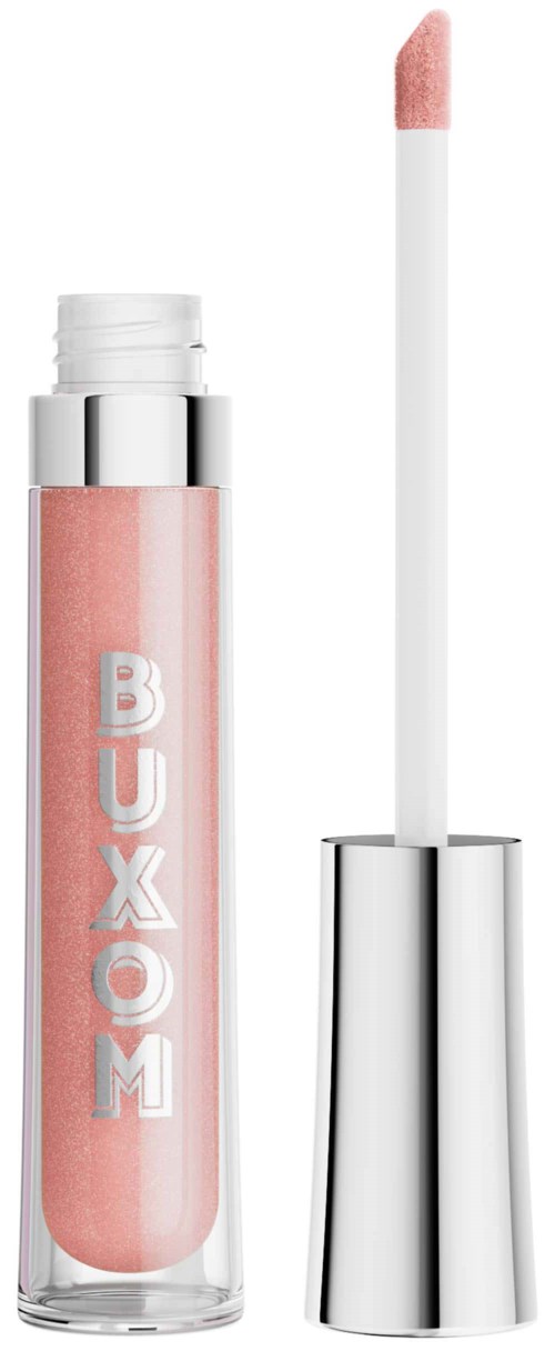 Lip gloss container with pink gloss, silver cap, and applicator wand outside.