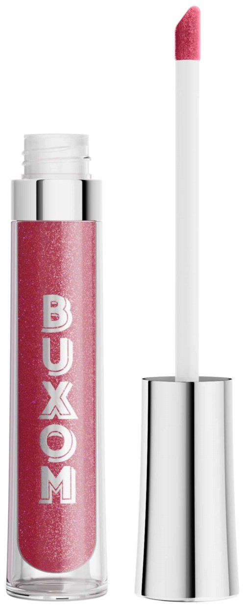 Pink lip gloss with a silver cap and the word 'BUXOM' on the tube.