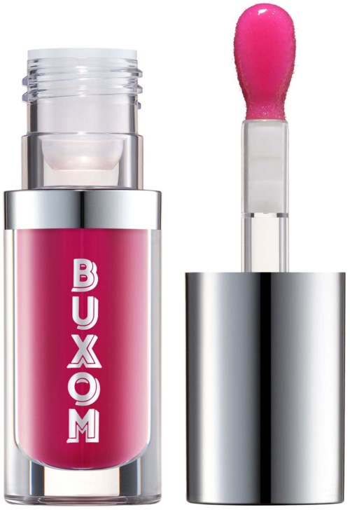 A pink lip gloss tube with a clear cap and a pink-tinted applicator.