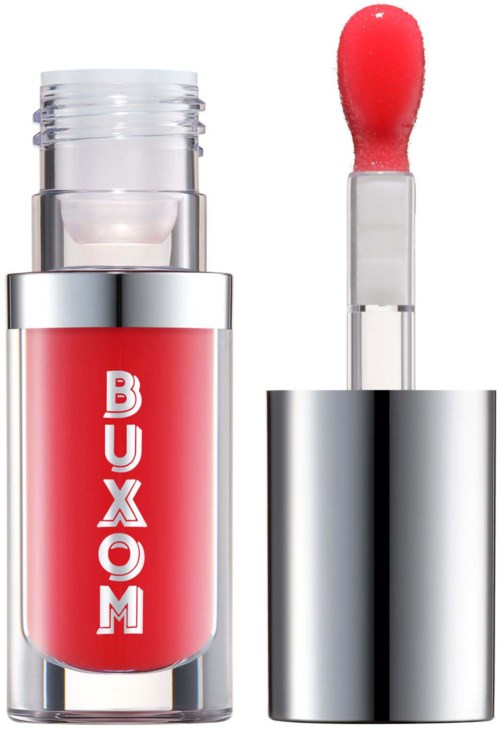 A red lip gloss with a silver cap and an applicator brush showing. The word 'BUXOM' is on the tube.