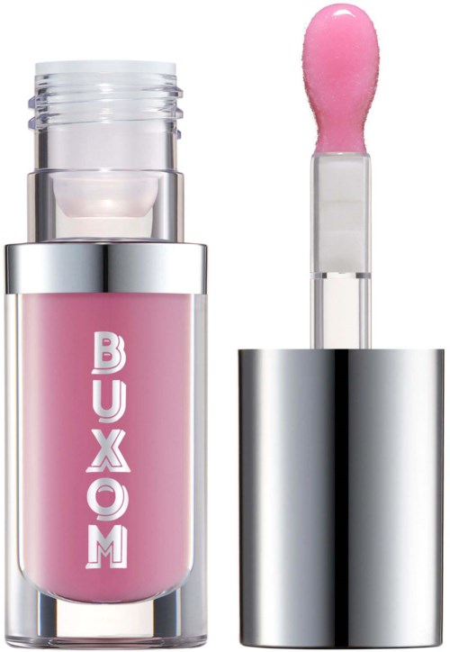 Pink lip gloss with a silver cap and a pink applicator.
