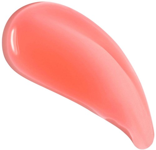 A pink, glossy, teardrop-shaped object with a smooth surface and shiny appearance.