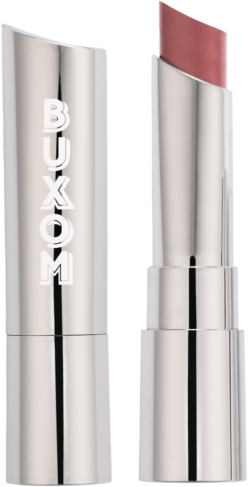 A silver lipstick tube with the word "BUXOM" on it, showing the lipstick inside. Simple and shiny design.