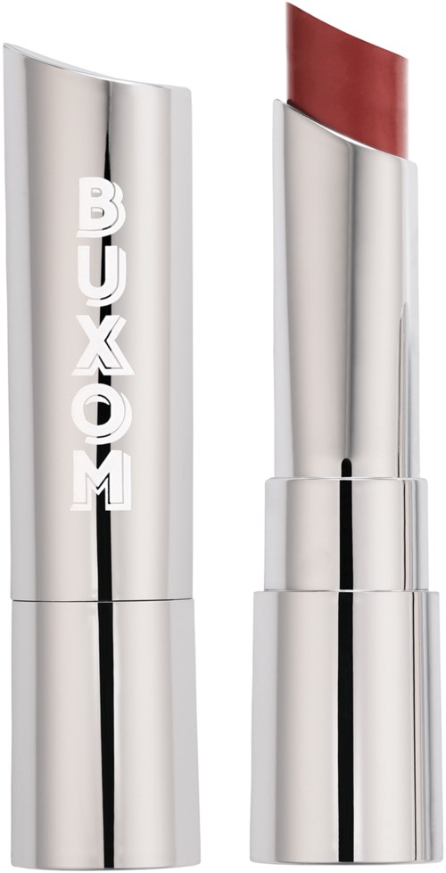A silver lipstick tube with a red lipstick sticking out. The tube has the word 'BUXOM' written vertically.