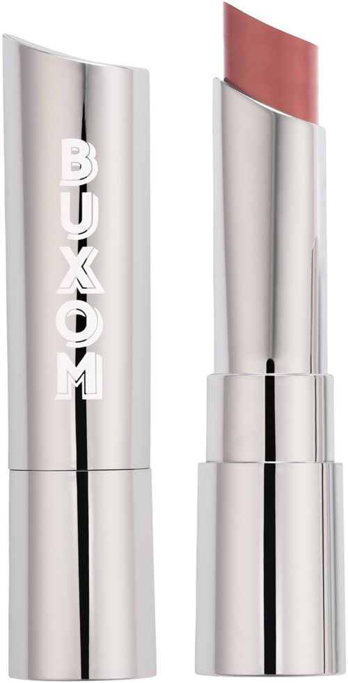 A silver lipstick tube with the brand name 'BUXOM' and a pink lipstick inside.