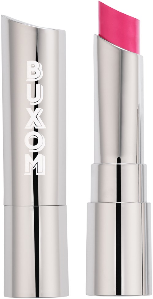 A silver lipstick tube with pink lipstick inside and the word BUXOM on the side.