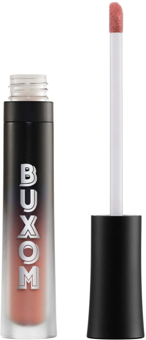 Lip gloss tube with a black cap and a pinkish gloss inside, with an attached applicator wand.