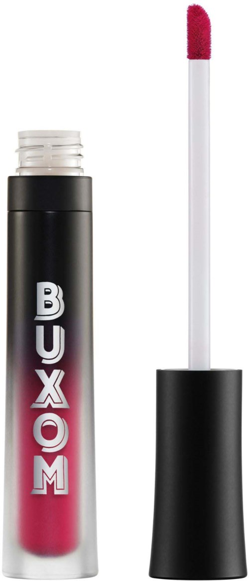 Lip gloss tube with a pink shade and applicator stick. The brand name is 'BUXOM'.