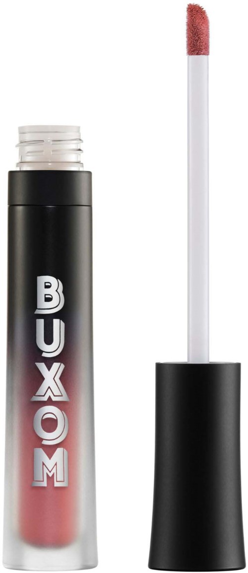 Lip gloss with a black and white tube, and a pinkish gloss applicator wand.