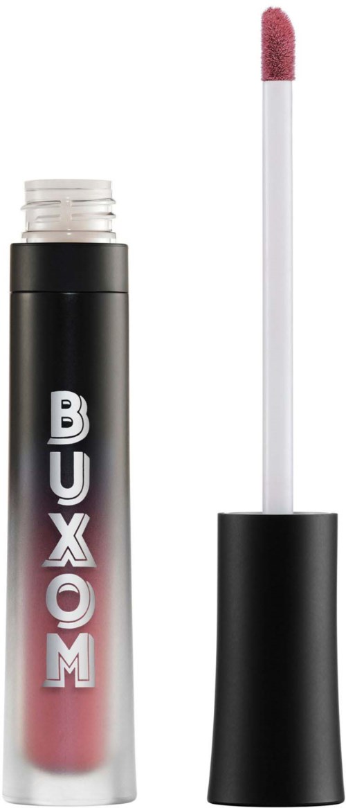 Lip gloss tube with an applicator wand, black and silver design, label says "BUXOM".