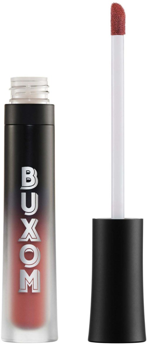 A lip gloss tube with a black and white cap, partially open, showing a pinkish lip gloss applicator.