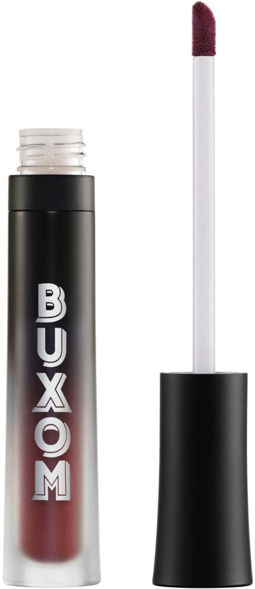 Lip gloss tube with an open cap and a sponge applicator. The tube is black and silver with "BUXOM" written on it.